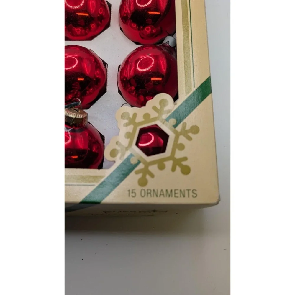 Vtg Box 15 Red Glass Pyramid Christmas‎ Tree Ornaments Boxed 2 Inch Retro USA
